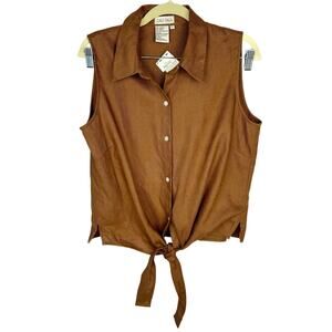 NWT Cali Cali Brown Sleeveless Collared Linen Front Tie Button Up Top Sz Large